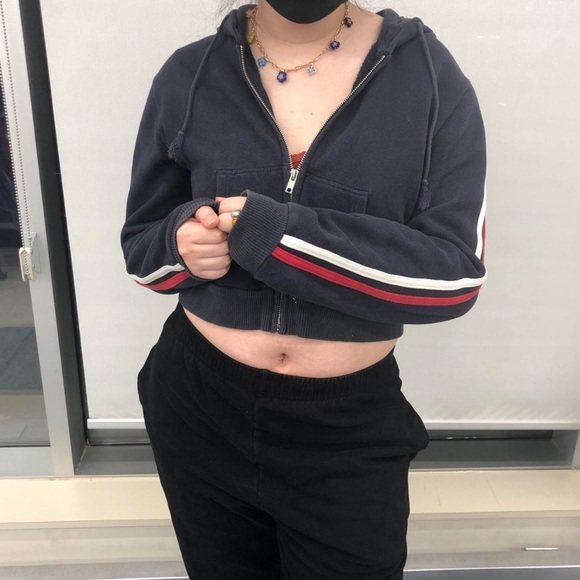 Brandy Melville Navy Blue Cropped Zip-up Hoodie w/ stripes on sleeves - Picture 7 of 10